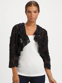 EXCLUSIVELY AT SAKS. A classic bolero silhouette, dressed up with ribbon trim in a stunning lace design.Lace collarThree-quarter sleevesOpen frontPolyesterAbout 18 center backDry cleanMade in the USA of imported fabric EXCLUSIVELY AT SAKS. A classic bolero silhouette, dressed up with ribbon trim in a stunning lace design.Lace collarThree-quarter sleevesOpen frontPolyesterAbout 18 center backDry cleanMade in the USA of imported fabric