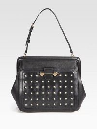 This edgy design in supple leather is the perfect carryall.Adjustable shoulder strap, 7½-8¾ dropTop zip closureOne outside open pocketOne inside zip pocketTwo inside open pocketsSilk blend lining9½W X 11½H X 4DMade in Italy This edgy design in supple leather is the perfect carryall.Adjustable shoulder strap, 7½-8¾ dropTop zip closureOne outside open pocketOne inside zip pocketTwo inside open pocketsSilk blend lining9½W X 11½H X 4DMade in Italy