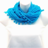 Long Sheer Fabric Scarf With Mini Ball Tassel Fringe Aqua Blue Long Sheer Fabric Scarf With Mini Ball Tassel Fringe Aqua Blue