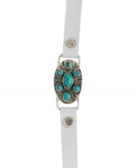 Try on some turquoise. Lucky Brand's leather bracelet features a mixed base metal accent that's decorated with reconstituted semi-precious turquoise stones. Approximate length: 9-1/2 inches. Try on some turquoise. Lucky Brand's leather bracelet features a mixed base metal accent that's decorated with reconstituted semi-precious turquoise stones. Approximate length: 9-1/2 inches.