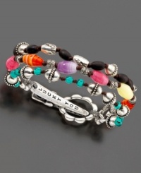 Clip on this colorful bracelet by Lucky Brand Jeans and get ready to take off! Set in brass and vintage silver-plated metal, this bracelet features wood & glass beads with a unique logo-inscribed clip at clasp. Approximate length: 8 inches. Clip on this colorful bracelet by Lucky Brand Jeans and get ready to take off! Set in brass and vintage silver-plated metal, this bracelet features wood & glass beads with a unique logo-inscribed clip at clasp. Approximate length: 8 inches.