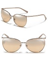 The sunglass shape of the hour--Burberry does the cat eye, dressing up the trendy style in sleek metal with check engraved sides.