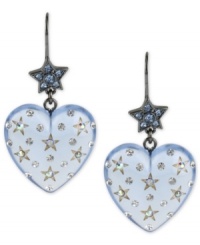 Make a heartfelt style statement with this pair of earrings from Betsey Johnson. Crafted from hematite-tone mixed metal, the earrings end at a lucite heart with a starry stop along the way. Approximate drop: 2 inches. Make a heartfelt style statement with this pair of earrings from Betsey Johnson. Crafted from hematite-tone mixed metal, the earrings end at a lucite heart with a starry stop along the way. Approximate drop: 2 inches.
