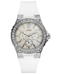 An elegant take on the modern sport watch by GUESS. Adorned with shimmering crystals around the dial, for a delicately feminine look. An elegant take on the modern sport watch by GUESS. Adorned with shimmering crystals around the dial, for a delicately feminine look.