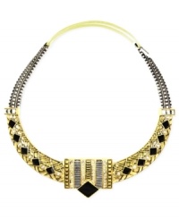 Dazzling and daring at once. RACHEL Rachel Roy's collar necklace is crafted from gold-tone and silver-ox-tone mixed metal with jet enamel adding a bold touch. Glass stones bring the sparkle. Approximate length: 15 inches. Approximate drop: 1-1/2 inches. Dazzling and daring at once. RACHEL Rachel Roy's collar necklace is crafted from gold-tone and silver-ox-tone mixed metal with jet enamel adding a bold touch. Glass stones bring the sparkle. Approximate length: 15 inches. Approximate drop: 1-1/2 inches.