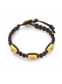 THE LOOKClassic collectionTextured square beads with pyramid details18k goldplated and silverplated settingBraided leatherToggle closureTHE MEASUREMENTAccent width, about .5Length, about 8.5ORIGINMade in USA THE LOOKClassic collectionTextured square beads with pyramid details18k goldplated and silverplated settingBraided leatherToggle closureTHE MEASUREMENTAccent width, about .5Length, about 8.5ORIGINMade in USA