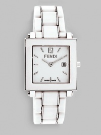 Polished stainless steel case timepiece with highly scratch resistant ceramic layer. Unisex design makes it perfect for men and women. Water-resistant to 5 ATM Square case, 30mm, 1.18 Sapphire crystal Date display Band width, 18mm, 0.71; length, 173mm, 6.81 Push-button deployant buckle Swiss movement Made in Switzerland Polished stainless steel case timepiece with highly scratch resistant ceramic layer. Unisex design makes it perfect for men and women. Water-resistant to 5 ATM Square case, 30mm, 1.18 Sapphire crystal Date display Band width, 18mm, 0.71; length, 173mm, 6.81 Push-button deployant buckle Swiss movement Made in Switzerland