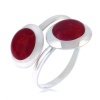 Sterling Silver Red Coral Round Shaped Double Heads Finger Ring - Adjustable Size 6,7,8,9