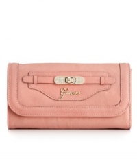 Add a little glam to your life. This polished wallet design from GUESS features a signature logo and crystal covered faux lock front. Add a little glam to your life. This polished wallet design from GUESS features a signature logo and crystal covered faux lock front.