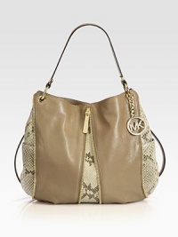 This paneled design features python-embossed leather insets on supple, smooth leather with edgy zipper details throughout.Single top handle, 6½ dropShoulder strap, 19 dropMagnetic top closureLogo hang-tabTwo outside open pocketsOne inside zip pocketFour inside open pocketsFully lined12¾W X 11½H X 4¾DImported This paneled design features python-embossed leather insets on supple, smooth leather with edgy zipper details throughout.Single top handle, 6½ dropShoulder strap, 19 dropMagnetic top closureLogo hang-tabTwo outside open pocketsOne inside zip pocketFour inside open pocketsFully lined12¾W X 11½H X 4¾DImported