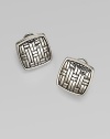 From the Bedeg Collection. Polished squares of sterling silver in a basketwoven design.Sterling silver Width, about ¾ Post and omega clip backs Made in Bali 