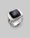 From the Albion Collection. Elegantly faceted black onyx sits with a smooth bezel and double cable band of sterling silver. Black onyx Sterling silver About ¾ square Made in USA
