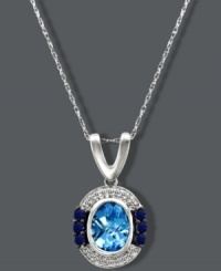 A pretty, blue palette. Le Vian's unique pendant combines a peaceful mix of oval-cut blue topaz (1-1/5 ct. t.w.) with round-cut sapphires (1/5 ct. t.w.) and diamonds (1/10 ct. t.w.) surrounding. Setting and chain crafted in 14k white gold. Approximate length: 18 inches. Approximate drop: 9/10 inch. A pretty, blue palette. Le Vian's unique pendant combines a peaceful mix of oval-cut blue topaz (1-1/5 ct. t.w.) with round-cut sapphires (1/5 ct. t.w.) and diamonds (1/10 ct. t.w.) surrounding. Setting and chain crafted in 14k white gold. Approximate length: 18 inches. Approximate drop: 9/10 inch.