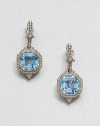 From the Estate Collection. Beautifully faceted blue topaz stones set in intricately designed, sterling silver accented with dazzling white sapphires. Blue topazWhite sapphiresSterling silverDrop, about 1.1Post backImported
