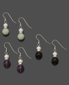 Three pairs of earrings filled with artistic elegance. Each sterling silver pair features cultured freshwater pearl (7-8 mm) and jade (10 mm), onyx (10 mm) or round-cut amethyst (1/6 ct. t.w.). Earrings measure approximately 1-1/2 inches.