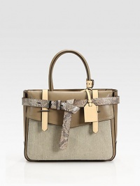 Burnished glovetan leather pairs with linen in this structured carryall wrapped in a luxe python belt.Double top handles, 6 dropOne outside flap pocketOne inside open pocketTwo inside zip pocketsCotton lining12W X 9½H X 4DImported Burnished glovetan leather pairs with linen in this structured carryall wrapped in a luxe python belt.Double top handles, 6 dropOne outside flap pocketOne inside open pocketTwo inside zip pocketsCotton lining12W X 9½H X 4DImported