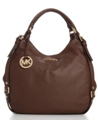 Make a statement with subtle luxury. This versatile work-to-evening showcases deliciously soft pebbled leather in a softly rounded silhouette with contrast edges and goldtone hardware to complete the refined look. Make a statement with subtle luxury. This versatile work-to-evening showcases deliciously soft pebbled leather in a softly rounded silhouette with contrast edges and goldtone hardware to complete the refined look.