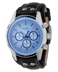 This ice blue tinted watch from Fossil performs multiple functions with sleek, everyday style. Black leather strap with contrast stitching. Silvertone stainless steel round case and round blue dial with three subdials, date window, logo and stick indices. Quartz movement. Water resistant to 100 meters. 11-year limited warranty. This ice blue tinted watch from Fossil performs multiple functions with sleek, everyday style. Black leather strap with contrast stitching. Silvertone stainless steel round case and round blue dial with three subdials, date window, logo and stick indices. Quartz movement. Water resistant to 100 meters. 11-year limited warranty.