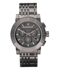 This Burberry timepiece features a gray ion-plated stainless steel bracelet inspired by signature Nova check fabric. Round case with checked gunmetal chronograph dial features silver tone stick indices, date window at four o'clock, three subdials, three hands and logo. Quartz movement. Water resistant to 100 meters. Two-year limited warranty. This Burberry timepiece features a gray ion-plated stainless steel bracelet inspired by signature Nova check fabric. Round case with checked gunmetal chronograph dial features silver tone stick indices, date window at four o'clock, three subdials, three hands and logo. Quartz movement. Water resistant to 100 meters. Two-year limited warranty.