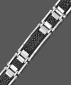 For the stylish sportsman. This accent piece is perfect for the outdoors or the average workday. Crafted in stainless steel, men's bracelet features chic leather accents. Approximate length: 8-1/2 inches.