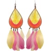 7 3/4 Long Feather Earrings with String Woven Teardrop Top In Orange with Yellow Finish