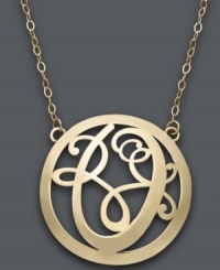 Trend setting style. This popular pendant combines a sweet scrolling design with the letter O. Circular setting and chain crafted in 14k gold. Approximate length: 17 inches. Approximate drop: 1 inch. Trend setting style. This popular pendant combines a sweet scrolling design with the letter O. Circular setting and chain crafted in 14k gold. Approximate length: 17 inches. Approximate drop: 1 inch.