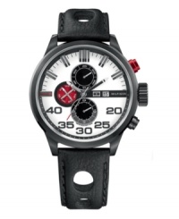Edgy design and precise time. Watch by Tommy Hilfiger crafted of black cut-out leather strap and round black ion-plated stainless steel case. Layered white dial features applied stick indices, minute track, date window at three o'clock, three multifunctional subdials, luminous hands, logo and red accents. Quartz movement. Water resistant to 50 meters. Ten-year limited warranty. Edgy design and precise time. Watch by Tommy Hilfiger crafted of black cut-out leather strap and round black ion-plated stainless steel case. Layered white dial features applied stick indices, minute track, date window at three o'clock, three multifunctional subdials, luminous hands, logo and red accents. Quartz movement. Water resistant to 50 meters. Ten-year limited warranty.