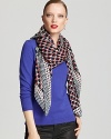 Casual and cool, this sheer MARC BY MARC JACOBS scarf goes geometric with a blue, orange and black print.