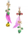 The birds, the bees, and everything in between! Betsey Johnson's funky mismatched earring style combines a ladybug, a bumblebee and triple leaf charms in vibrant enamel with hot pink feather accents and sparkling crystals. Set in gold-plated mixed metal. Approximate drop: 3 inches.