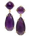 Adorn yourself with the season's hottest hues: jewel tones! These eye-catching earrings feature two faceted, round and pear-cut amethyst drops (24-1/10 ct. t.w.) in an 18k gold over sterling silver setting. Approximate drop length: 1-1/2 inches. Approximate drop width: 1/2 inch.