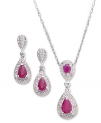 The perfect match. Sweet crimson rubies (1-1/5 ct. t.w.) and sparkling diamonds (1/10 ct. t.w.) adorn this beautiful earrings and pendant set. Crafted in sterling silver. Approximate length: 18 inches. Approximate drop: 1 inch. Approximate earring drop: 3/4 inch. The perfect match. Sweet crimson rubies (1-1/5 ct. t.w.) and sparkling diamonds (1/10 ct. t.w.) adorn this beautiful earrings and pendant set. Crafted in sterling silver. Approximate length: 18 inches. Approximate drop: 1 inch. Approximate earring drop: 3/4 inch.