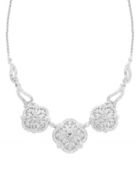 Add an instant touch of elegance in Eliot Danori's Victorian-inspired style. Three ornate drops decorated with sparkling crystals shine in a silver tone mixed metal setting. Approximate length: 16 inches + 2-inch extender. Approximate drop: 3-1/2 inches. Approximate width: 5-1/2 inches. Add an instant touch of elegance in Eliot Danori's Victorian-inspired style. Three ornate drops decorated with sparkling crystals shine in a silver tone mixed metal setting. Approximate length: 16 inches + 2-inch extender. Approximate drop: 3-1/2 inches. Approximate width: 5-1/2 inches.