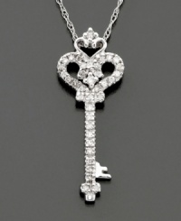 Unlock the key to sparkling style with beautiful diamond necklace! Round-cut diamonds (1/10 ct. t.w.) are set in 14k white gold key pendant. Chain measures 16 inches; drop measures 1 inch. Unlock the key to sparkling style with beautiful diamond necklace! Round-cut diamonds (1/10 ct. t.w.) are set in 14k white gold key pendant. Chain measures 16 inches; drop measures 1 inch.