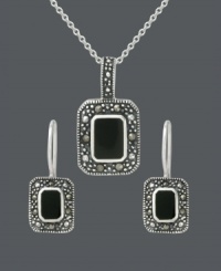 The building blocks of style in one sweet, matching set. Genevieve & Grace jewelry features rectangular onyx gemstones (8 mm x 5 mm and 6 mm x 4 mm) that stand out against a glittering marcasite frame. Crafted in sterling silver. Approximate necklace length: 18 inches. Approximate pendant drop: 15/16 inch. Approximate earring drop: 15/16 inch. The building blocks of style in one sweet, matching set. Genevieve & Grace jewelry features rectangular onyx gemstones (8 mm x 5 mm and 6 mm x 4 mm) that stand out against a glittering marcasite frame. Crafted in sterling silver. Approximate necklace length: 18 inches. Approximate pendant drop: 15/16 inch. Approximate earring drop: 15/16 inch.