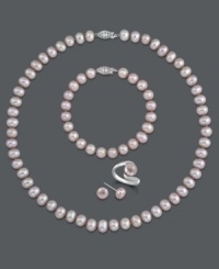 Pretty in pink. Pink cultured freshwater pearls (7-8 mm) set in sterling silver comprise this matching four-piece jewelry set. Includes a strand necklace, a strand bracelet, a wrap ring and stud earrings. Approximate necklace length: 18 inches. Approximate bracelet length: 7-1/2 inches. Size 7. Items come packaged in a black gift box. Pretty in pink. Pink cultured freshwater pearls (7-8 mm) set in sterling silver comprise this matching four-piece jewelry set. Includes a strand necklace, a strand bracelet, a wrap ring and stud earrings. Approximate necklace length: 18 inches. Approximate bracelet length: 7-1/2 inches. Size 7. Items come packaged in a black gift box.