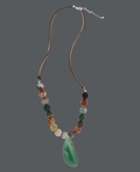 Natural selection. Avalonia Road's pretty fire agate necklace (40 ct. t.w.) features green, yellow and orange hues strung from a brown leather cord. Clasp and extension chain crafted in sterling silver. Approximate length: 24 inches + 3-inch extender. Approximate drop: 2-1/2 inches. Natural selection. Avalonia Road's pretty fire agate necklace (40 ct. t.w.) features green, yellow and orange hues strung from a brown leather cord. Clasp and extension chain crafted in sterling silver. Approximate length: 24 inches + 3-inch extender. Approximate drop: 2-1/2 inches.