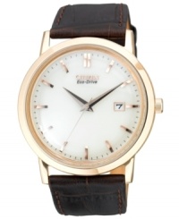 This handsome watch by Citizen exemplifies modern fashion with rosy accents. Powered by Eco-Drive, harnessing natural and artificial light, never needing a battery. This handsome watch by Citizen exemplifies modern fashion with rosy accents. Powered by Eco-Drive, harnessing natural and artificial light, never needing a battery.