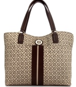 A timeless silhouette gets a preppy makeover with this take-anywhere tote from Tommy Hilfiger. Signature jacquard is outfitted with custom golden hardware and contrast striping, while the generous interior carries all your essentials from work to weekend.