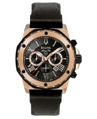 Classic style meets modern functionality in this great watch by Bulova. Black rubber strap and round stainless steel case. Rose-goldtone bezel. Chronograph black textured dial with roman numerals, date window, logo and three subdials. Quartz movement. Water resistant to 100 meters. Three-year warranty. Classic style meets modern functionality in this great watch by Bulova. Black rubber strap and round stainless steel case. Rose-goldtone bezel. Chronograph black textured dial with roman numerals, date window, logo and three subdials. Quartz movement. Water resistant to 100 meters. Three-year warranty.