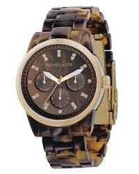 MICHAEL Michael Kors tortoise-inspired acrylic chronograph watch with bracelet strap and crystal accents. Round dial features crystal markers, three subdials and multi-function movement. Acrylic case and bracelet. Water-resistant to 100 meter. MICHAEL Michael Kors tortoise-inspired acrylic chronograph watch with bracelet strap and crystal accents. Round dial features crystal markers, three subdials and multi-function movement. Acrylic case and bracelet. Water-resistant to 100 meter.