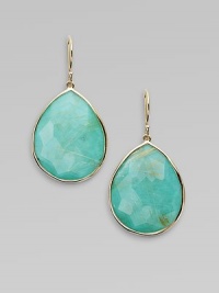 Double layer teardrops combine softly hued turquoise with rutilated quartz, creating a distinctive depth and unique surface, in a setting of polished gold.TurquoiseRutilated quartz18k yellow goldLength, about 1½Ear wireImported Double layer teardrops combine softly hued turquoise with rutilated quartz, creating a distinctive depth and unique surface, in a setting of polished gold.TurquoiseRutilated quartz18k yellow goldLength, about 1½Ear wireImported