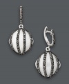 Double up on the drama! Perfect for an evening out, but subtle enough to blend with a business suit, these contemporary ball drop earrings feature a white agate bead (20 mm) wrapped in rows of glittering black diamonds (1/5 ct. t.w.). Set in sterling silver. Approximate drop: 1 inch.