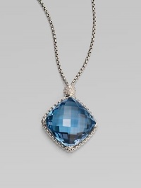 From the Cushion on Point Collection. A box-link chain of sterling silver proudly holds a faceted cushion of Hampton blue topaz, connected by a shimmering pavé diamond bead. Blue topaz Diamonds, 0.17 tcw Sterling silver Chain length, about 17 Pendant, about ¾ square Lobster clasp Made in USA From the Cushion on Point Collection. A box-link chain of sterling silver proudly holds a faceted cushion of Hampton blue topaz, connected by a shimmering pavé diamond bead. Blue topaz Diamonds, 0.17 tcw Sterling silver Chain length, about 17 Pendant, about ¾ square Lobster clasp Made in USA