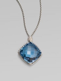 From the Cushion on Point Collection. A box-link chain of sterling silver proudly holds a faceted cushion of Hampton blue topaz, connected by a shimmering pavé diamond bead. Blue topaz Diamonds, 0.17 tcw Sterling silver Chain length, about 17 Pendant, about ¾ square Lobster clasp Made in USA