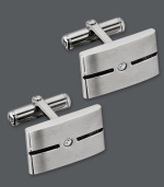 Stylish sophistication. This chic pair of cuff links is the perfect accent for the modern man. Crafted in stainless steel, cuff links feature a black enamel stripe with a sparkling diamond accent. Cuff links have swivel backs for ease of use. Approximate length: 3/4 inch. Approximate width: 1/2 inch.