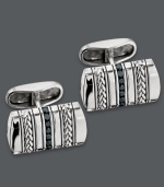 Spruce up any work suit with polish and shine. This sophisticated cuff link style features a chic braided design with a row of round-cut black diamonds (1/2 ct. t.w.). Crafted in sterling silver. Approximate length: 9/10 inch. Approximate width: 1/2 inch.