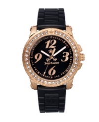 Time to show off what you've made of yourself. And Juicy Couture's Pedigree watch makes it easy. Black jelly strap and round rose gold-plated stainless steel case. Bezel crystallized with Swarovski elements and features crown logo at top. Sleek black dial ringed with the phrase Time for Couture features logo, numerals at twelve, three, six and nine o'clock and luminous hands. Quartz movement. Water resistant to 30 meters. Two-year limited warranty. Time to show off what you've made of yourself. And Juicy Couture's Pedigree watch makes it easy. Black jelly strap and round rose gold-plated stainless steel case. Bezel crystallized with Swarovski elements and features crown logo at top. Sleek black dial ringed with the phrase Time for Couture features logo, numerals at twelve, three, six and nine o'clock and luminous hands. Quartz movement. Water resistant to 30 meters. Two-year limited warranty.