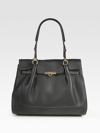 Experience the ultimate in chic with this refined shape of pebbled leather, finished with elongated top handles and soft pleats. Double top handles, 8½ dropToggle closure on front flapProtective metal feetOne inside zip pocketTwo inside open pocketsSuede lining15¼W X 11¾H X 6¾DMade in Italy Experience the ultimate in chic with this refined shape of pebbled leather, finished with elongated top handles and soft pleats. Double top handles, 8½ dropToggle closure on front flapProtective metal feetOne inside zip pocketTwo inside open pocketsSuede lining15¼W X 11¾H X 6¾DMade in Italy