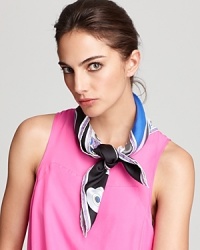 Vibrant pops of royal blue and purple accent the signature swirls of this Emilio Pucci scarf, a transitional piece for day to night. Vibrant pops of royal blue and purple accent the signature swirls of this Emilio Pucci scarf, a transitional piece for day to night.
