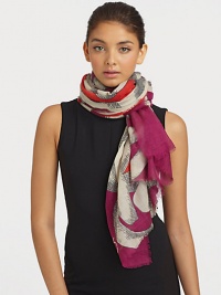A luxurious blend of silk and wool with a illustrated, chain link print. 50% silk/50% woolAbout 40 X 80Dry cleanImported A luxurious blend of silk and wool with a illustrated, chain link print. 50% silk/50% woolAbout 40 X 80Dry cleanImported